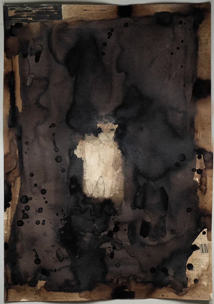 "déni noir" 2025, stylo noir, broux de noix sur papier, 100 x 70 cm, serie i-dent-ité 2025 dessin contemporain