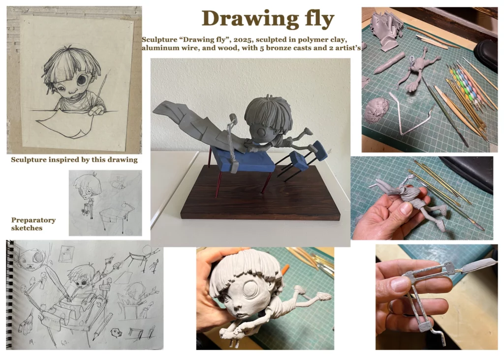 "drawing fly" 2025, sculpted in polymer clay, aluminum wire, and wood, 36 x 19 x 22 cm. This sculpture depicts a child drawing, while everything around him—table, chair, leaves, etc.—appears suspended in the air, flying away. The whole evokes a moment of intense creation, where the imagination literally takes flight.