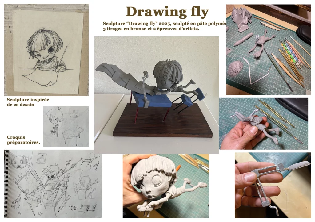 "drawing fly" 2025, sculpté en pâte polymère fils d'aluminium et bois, 36 x 19 x 22 cm. Cette sculpture représente un enfant en train de dessiner, tandis que tout ce qui l’entoure – table, chaise, feuilles, etc. – semble suspendu dans les airs, en train de s’envoler. L’ensemble évoque un moment de création intense, où l’imagination prend littéralement son envol.