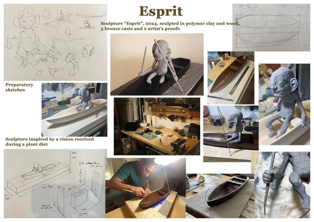 "spirit" 2024, made of polymer clay and wood, 70 x 28 x 20 cm by the artist Teddy Ros representing a spirit with big ears on a rowing boat, sculptures