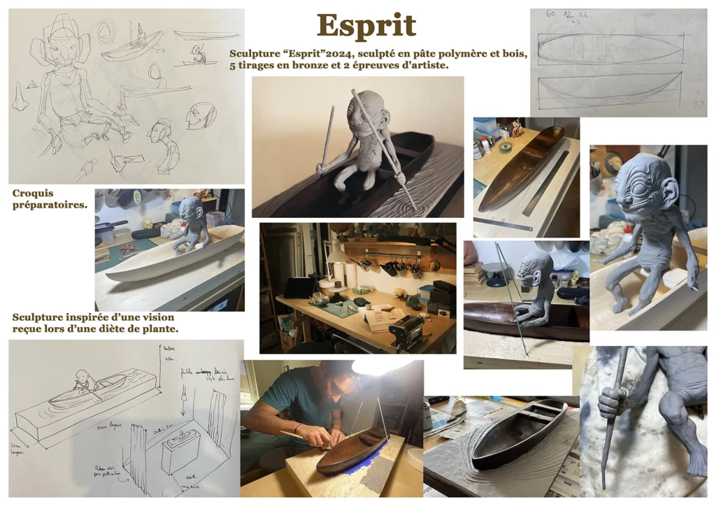 "esprit" 2024, réalisé en pâte polymère et bois, 70 x 28 x 20 cm par l'artiste Teddy Ros représentant un esprit aux grande oreilles sur une barque en train de ramé, sculptures