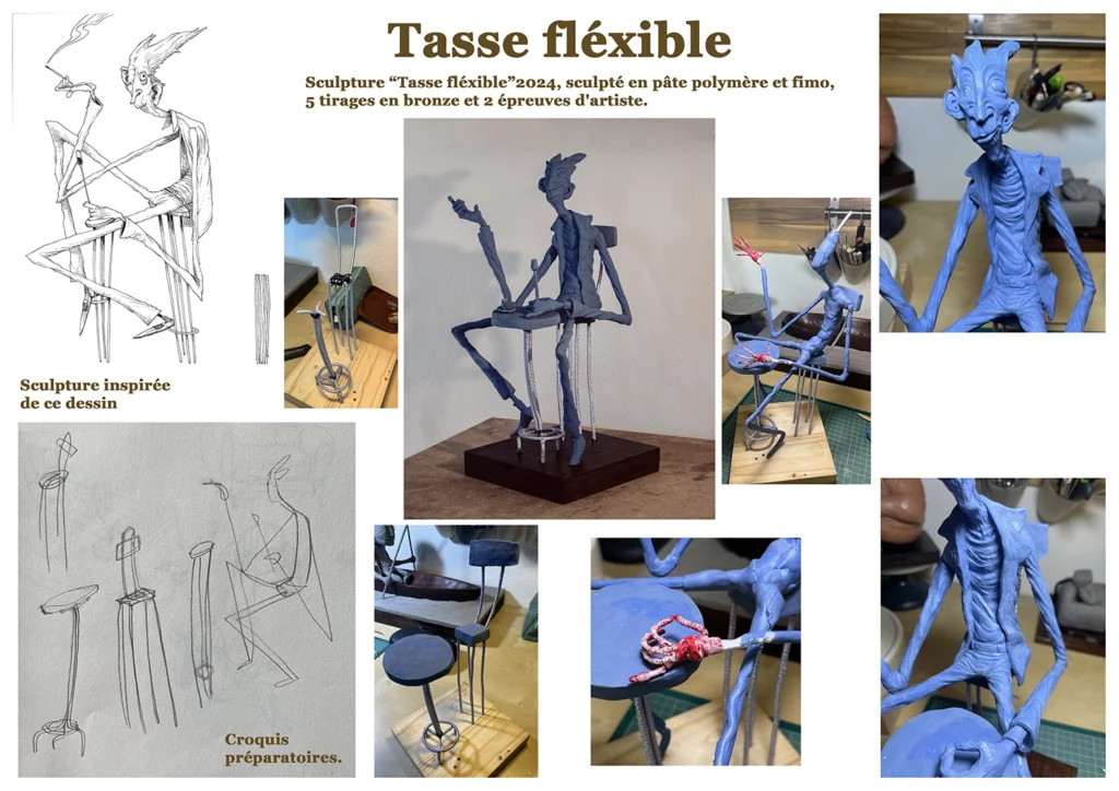 "Tasse flexible" 2024, sculpté en pâte polymère et fimo, fils d'aluminum et bois, 25 x 19 x 37 cm. Cette sculpture représente un homme très élancé en train de boire une tasse, assis à une table et sur une chaise de très petite taille. L’ensemble joue sur les contrastes de proportions, créant une scène à la fois absurde et poétique.