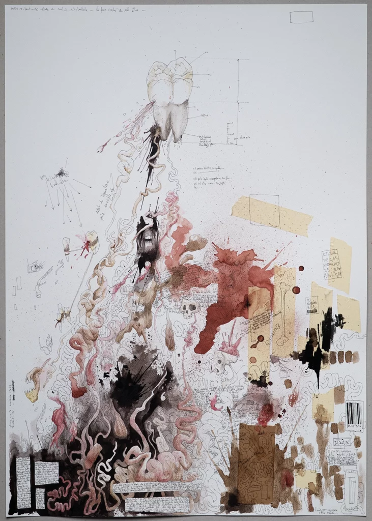 "Tord-Boyau", 2025, black pen, walnut ink and watercolor on paper, 100 × 70 cm, series i-dent-ité, 2025, contemporary drawing