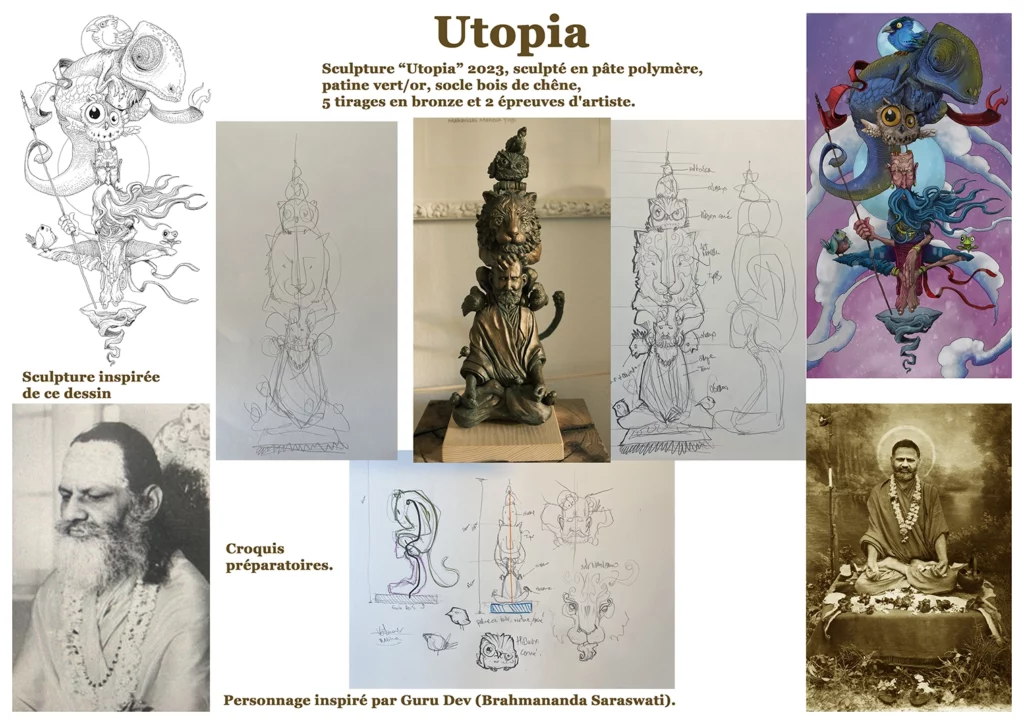 sculpture "Utopie" 2023, sculpté en pâte polymère, l'original patiné vert or socle en bois de chêne, 17 x 14 x 42 cm, réaliser par l'artiste Teddy Ros représentant Guru Dev entouré d'animaux, sculptures